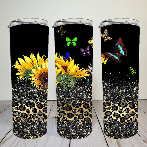 Glitter Sunflowers Butterflies and some Cheetah  Skinny Tumbler Wrap | Digital Download | Sublimation | png file
