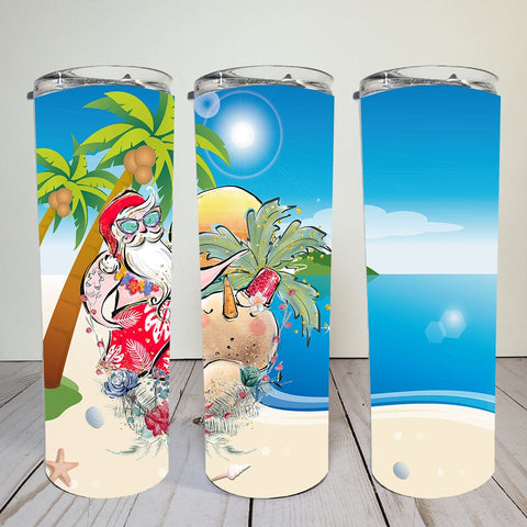Santa on the Beach with Palm Trees | 20 oz Skinny Tumbler | Sublimation | Waterslide | PNG