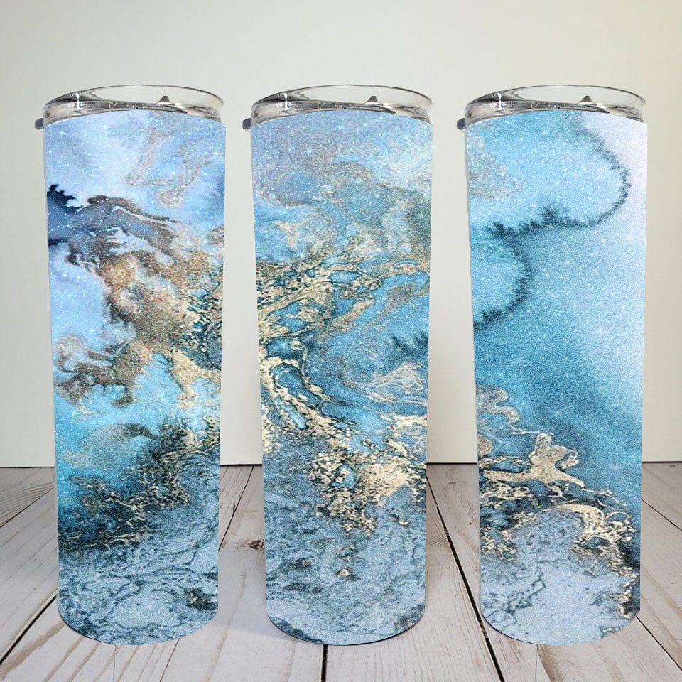 Blue Marble with gold and glitter | 20 oz skinny | tumbler wrap | PNG | Sublimation