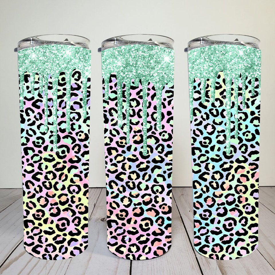 Neon Cheetah with a green glitter drip | 20 oz skinny tumbler | Sublimation | png file | digital download