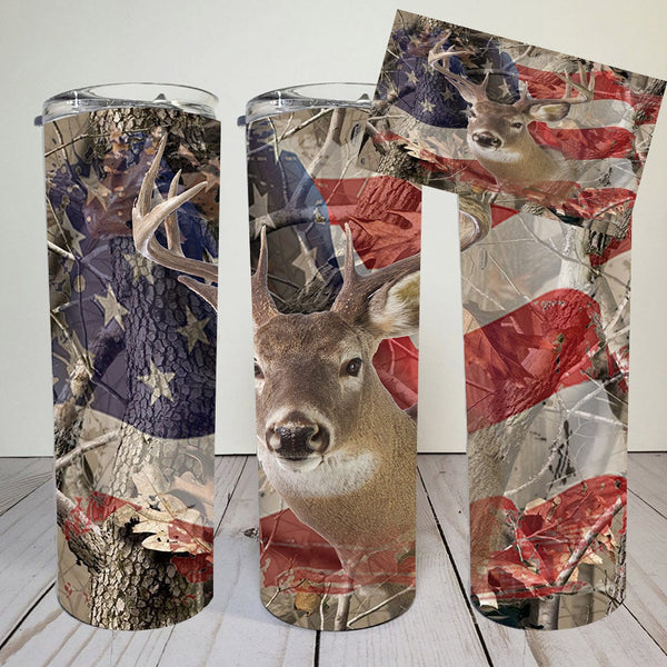 Deer and Flag | Camo background | Hunting | Skinny tumbler wrap 20 oz | digital image | sublimation | png file