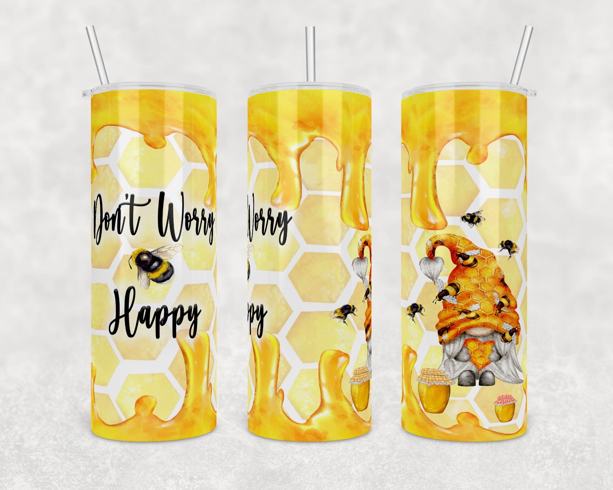 Don't Worry BEE Happy with Honey Gnome | Digital Download | Waterslide | Sublimation | PNG | Glitter Background