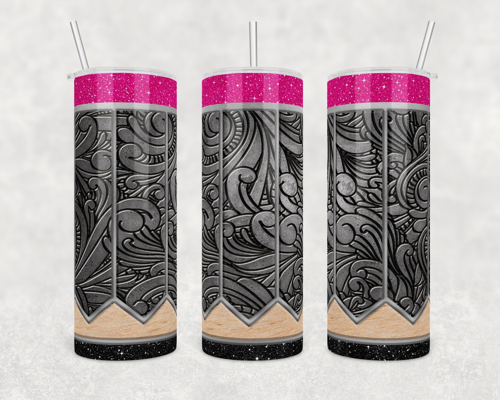 Pencil Design with Western Embossed Metal Pattern | Skinny Tumbler wrap 20 oz | Digital download, |Sublimation | PNG