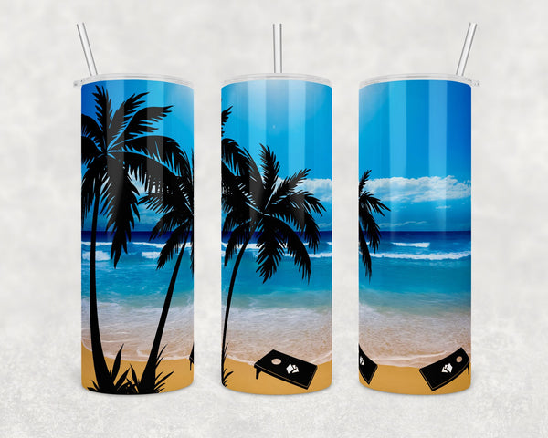Palm Trees with Sandy Beach and Ocean | Skinny Tumbler Wrap | Digital Download | Sublimation | PNG
