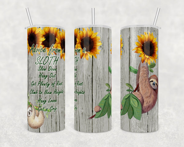 Sloth Life Advice wooden background and sunflowers | Digital Download | 20 oz Skinny Tumbler | Sublimation | Waterslide | PNG