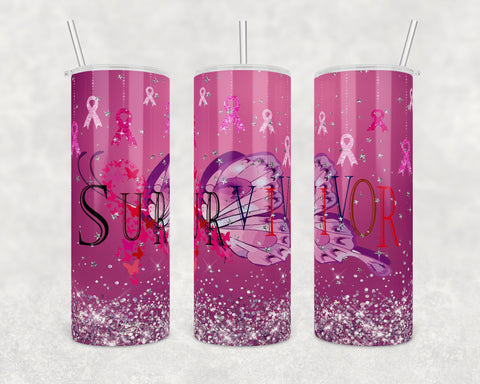 Breast Cancer Survivor Pink Glitter  | 20 oz Skinny Tumbler Wrap | Digital Download | Sublimation | png file