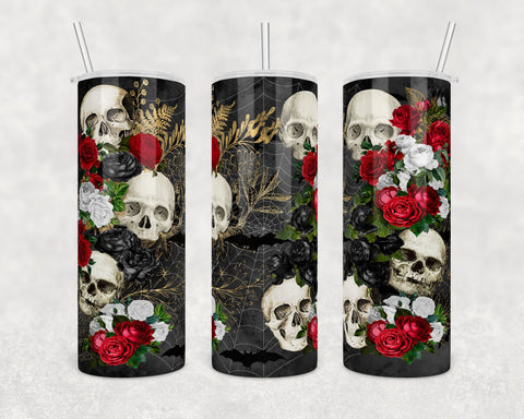 Skulls with flowers, cobwebs and bats | Halloween | 20 oz Skinny Tumbler Wrap | Digital Download | Sublimation | png file