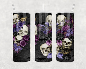 Skulls with flowers, cobwebs and bats | Halloween | 20 oz Skinny Tumbler Wrap | Digital Download | Sublimation | png file