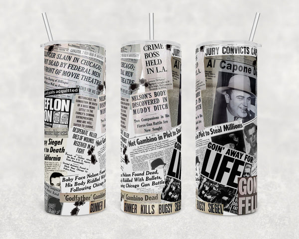 The mafia and mobsters newspaper stories | 20 oz Skinny Tumbler Wrap | Digital Download | Sublimation image | png file