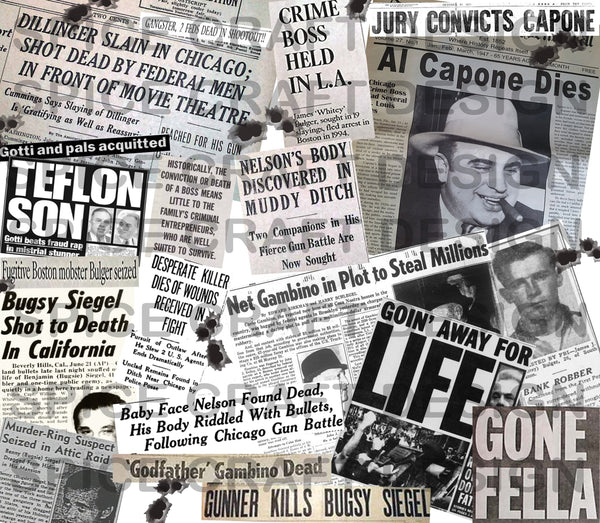The mafia and mobsters newspaper stories | 20 oz Skinny Tumbler Wrap | Digital Download | Sublimation image | png file