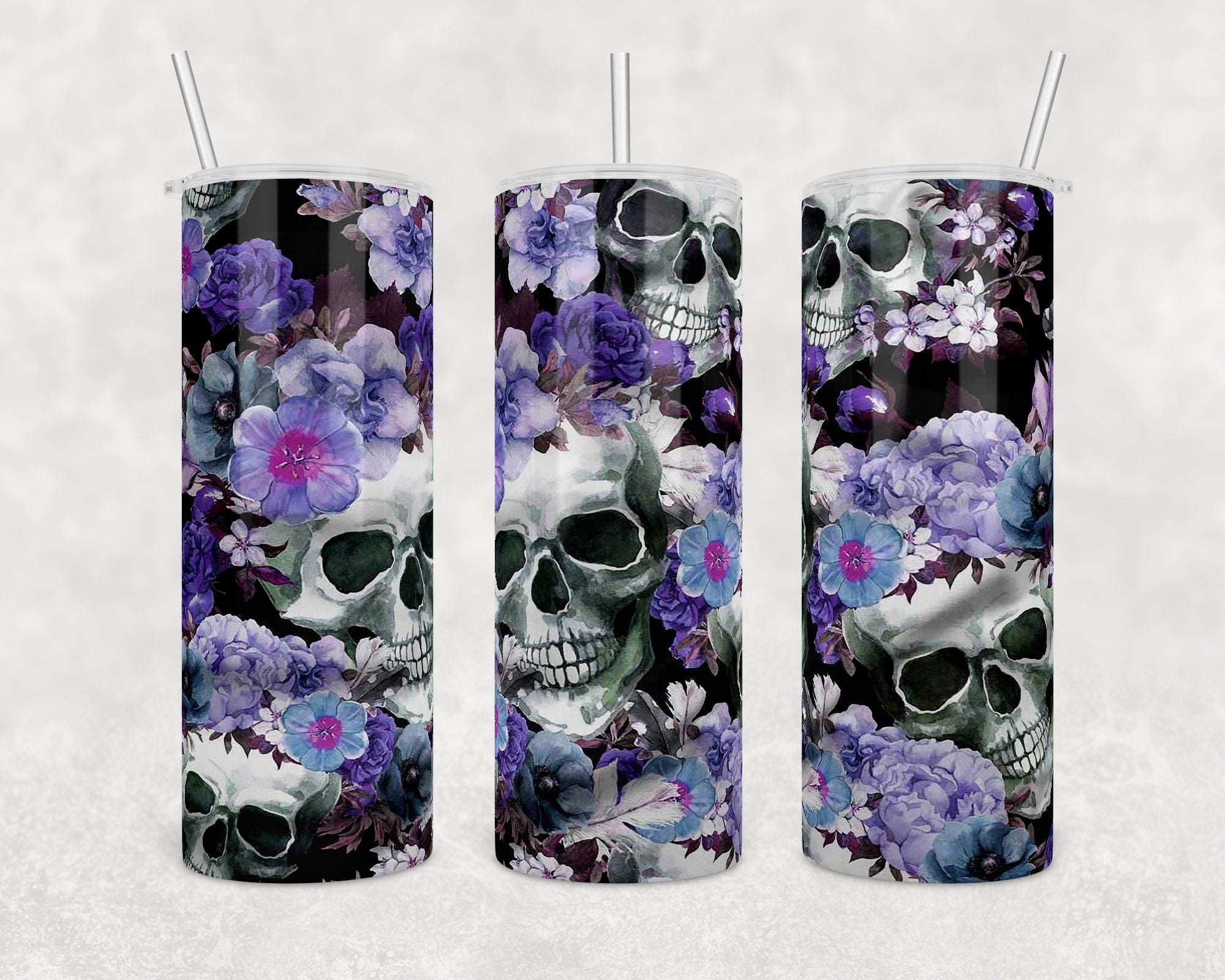 Skulls with flowers | Halloween | 20 oz Skinny Tumbler Wrap | Digital Download | Sublimation | png file