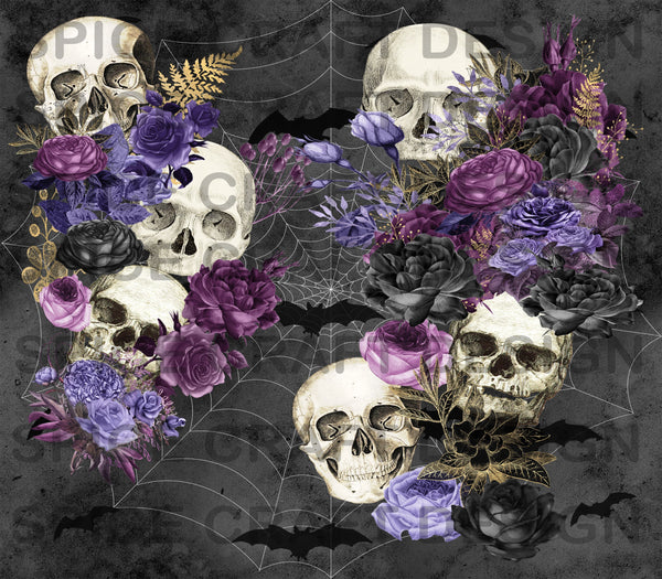 Skulls with flowers, cobwebs and bats | Halloween | 20 oz Skinny Tumbler Wrap | Digital Download | Sublimation | png file