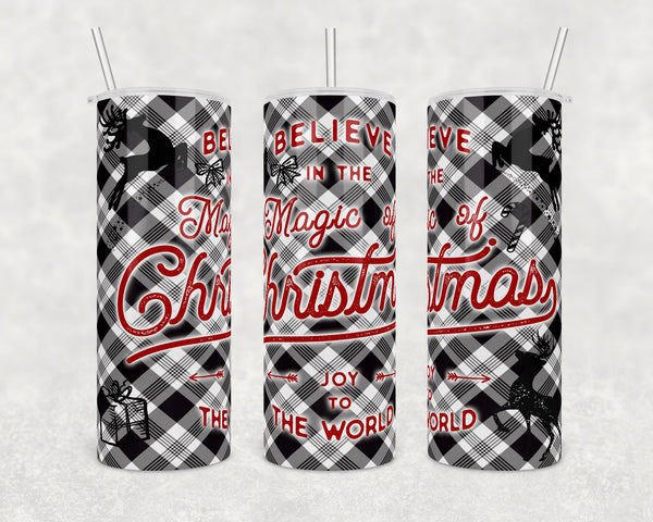 Believe in the magic of Christmas | Plaid Background | 20 oz Skinny Tumbler Wrap | Digital Download | Sublimation image | png file